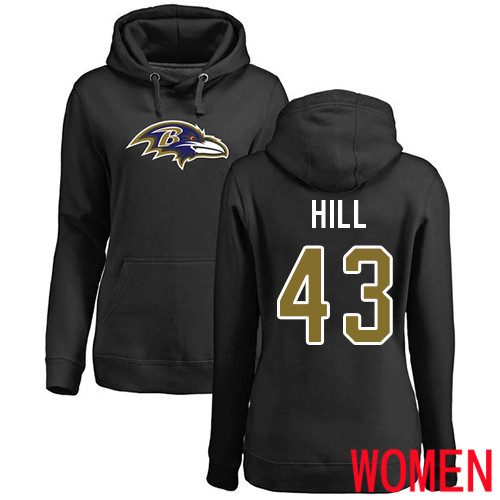 Baltimore Ravens Black Women Justice Hill Name and Number Logo NFL Football 43 Pullover Hoodie Sweatshirt